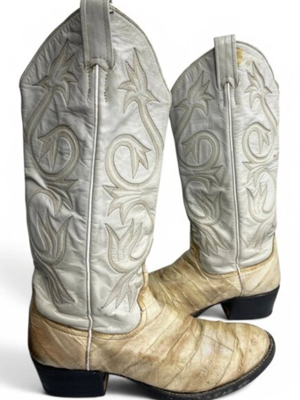Larry Mahan Leather Ivory Western Biker Cowboy Boots Men's 8.5 D Vintage